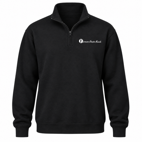 Farmers State Bank left-chest logo preview — Black Powerblend quarter-zip
